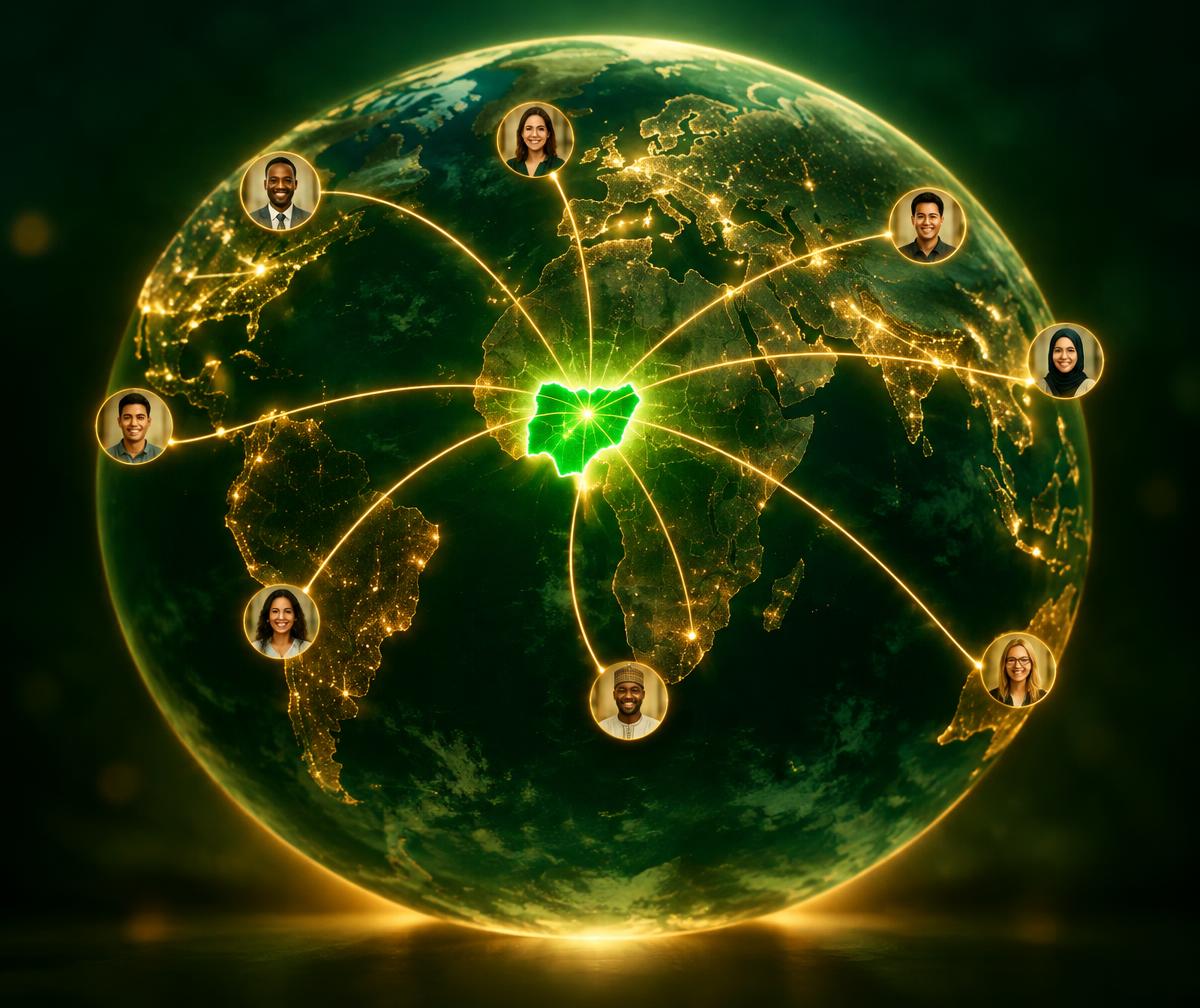 A globe with Nigeria connected to family around the world