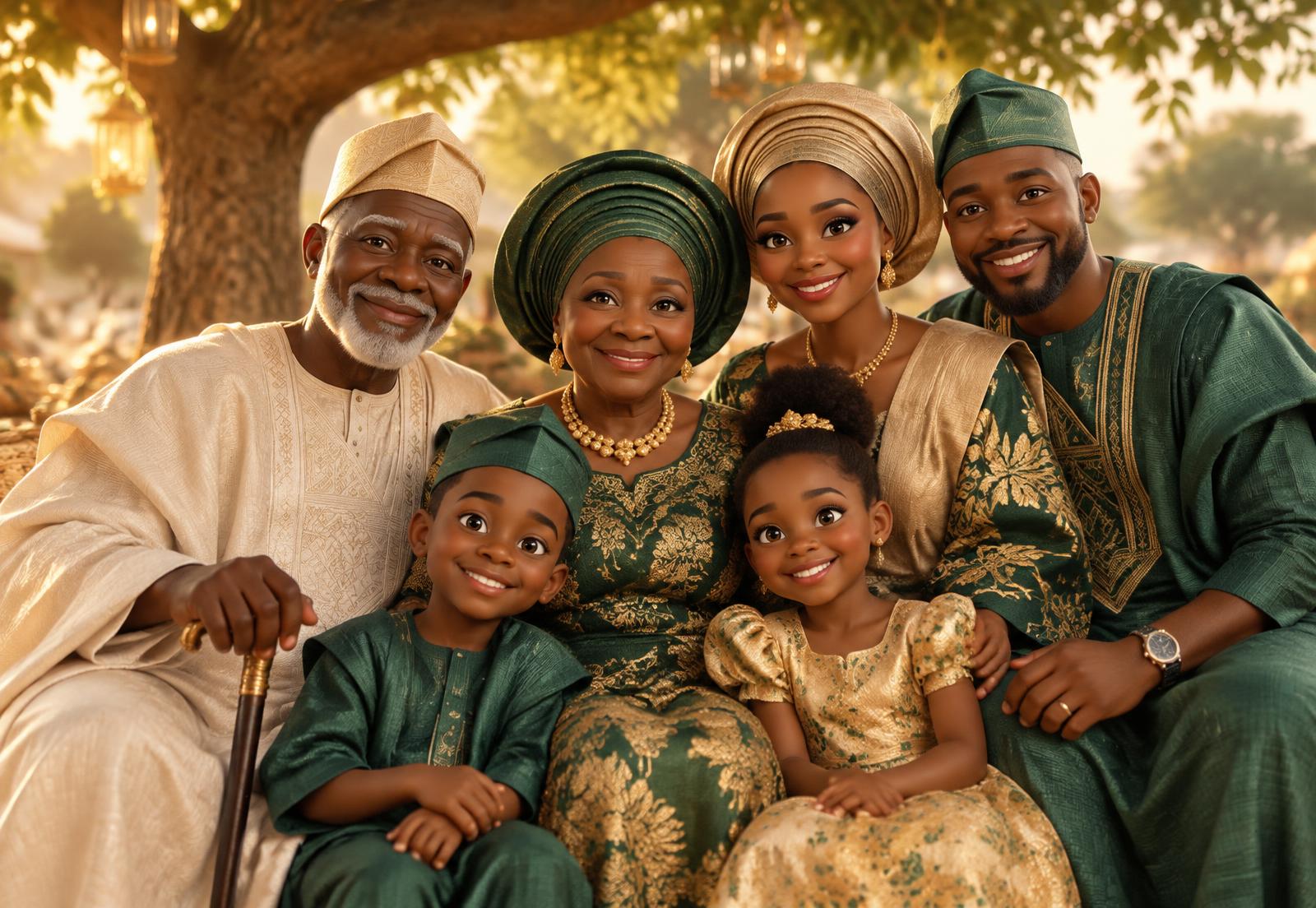 A smiling Nigerian family of three generations under a tree