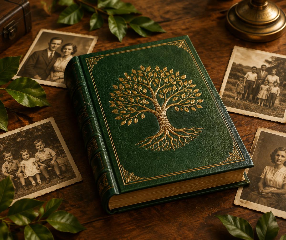 A green family storybook with old photos
