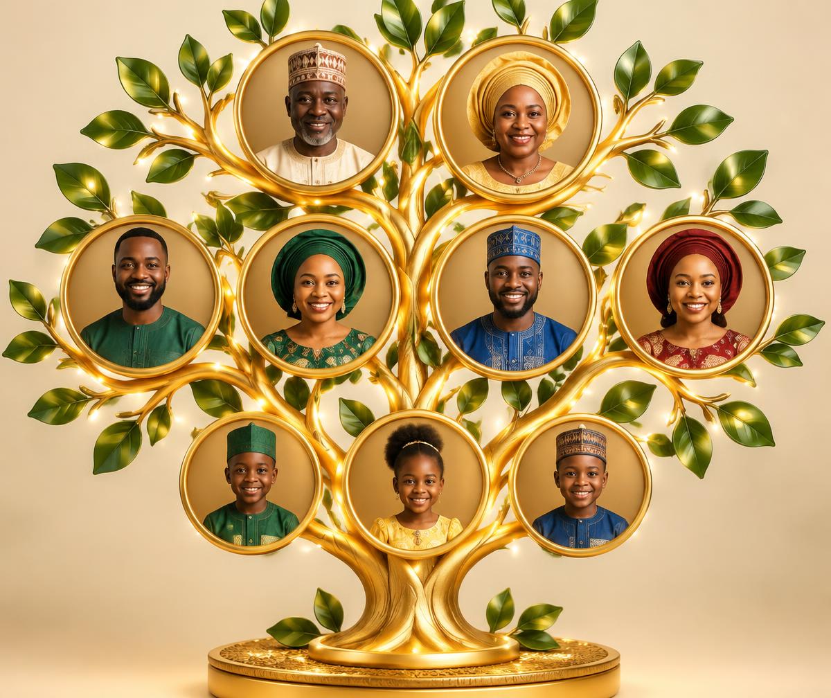 A golden family tree with family portraits